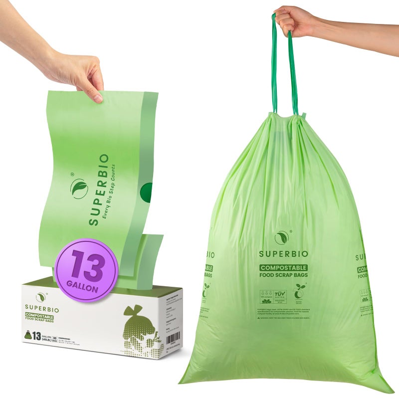 SUPERBIO 13 Gallon Compostable Drawstring Kitchen Waste Bag 492 Liter 30 Count1 Mil Heavy Duty Food Scrap Bags BPI Seedling and OK compost INDUSTRIAL